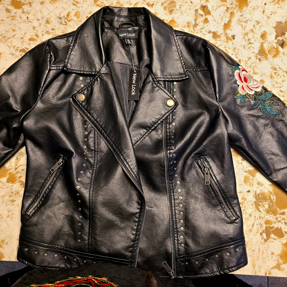 Black Leather Jacket with flower accents